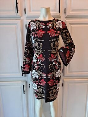Boston Proper Black Knit Dress w/Red White Floral Intarsia Mirrored Garden
